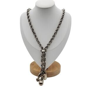 Silver Tone Rope Chain Necklace Lariat Drop Tassel Fringe Chunky Statement Vtg